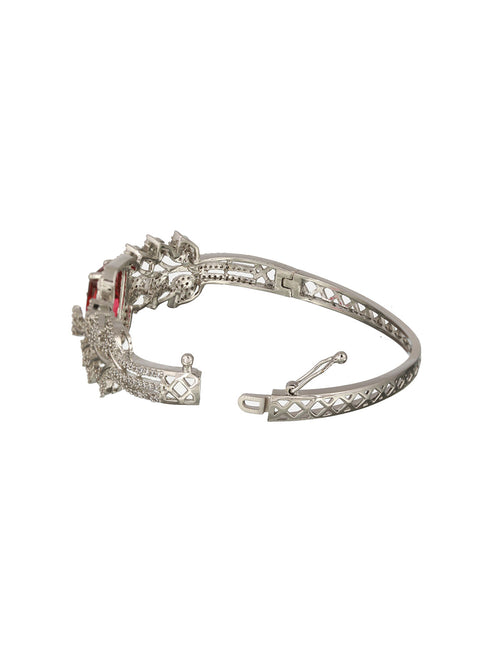 Silver Toned Red AD Studded Statement Handcrafted Bracelet