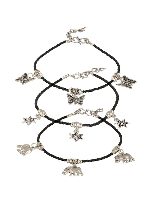 Set Of 3 Oxidised Silver Plated Payal Anklet