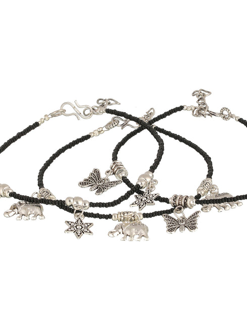 Set Of 3 Oxidised Silver Plated Payal Anklet
