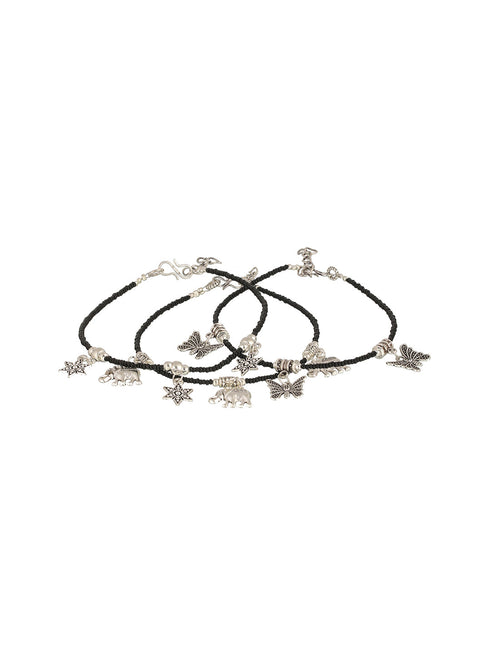 Set Of 3 Oxidised Silver Plated Payal Anklet