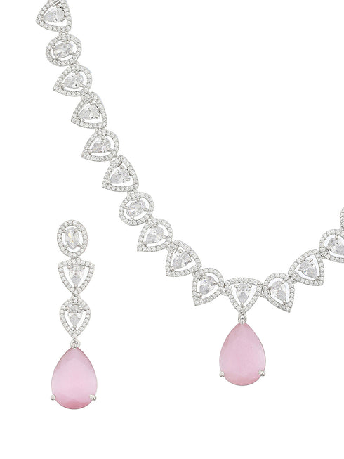 White Rhodium Pink AD Studded Luxe Minimal Jewellry Set