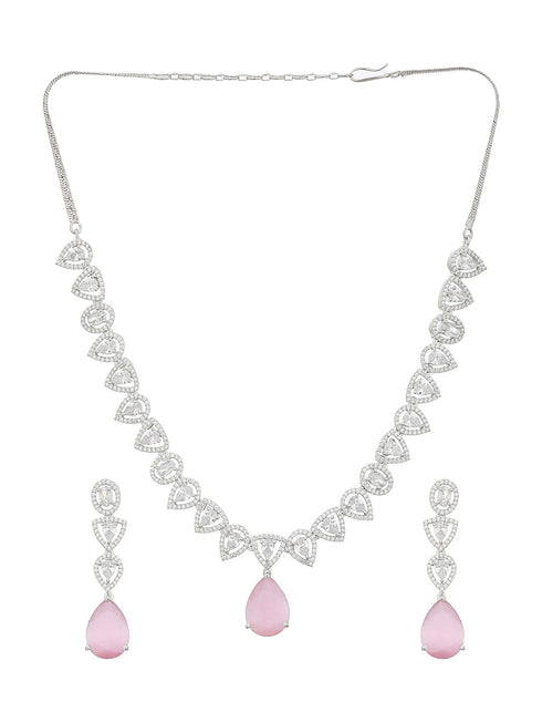 White Rhodium Pink AD Studded Luxe Minimal Jewellry Set