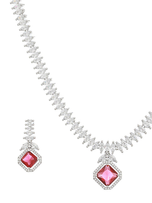 Silver Toned Red CZ Studded Minimal Designer jewellery Set