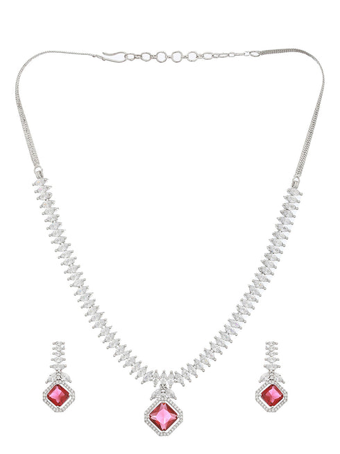 Silver Toned Red CZ Studded Minimal Designer jewellery Set