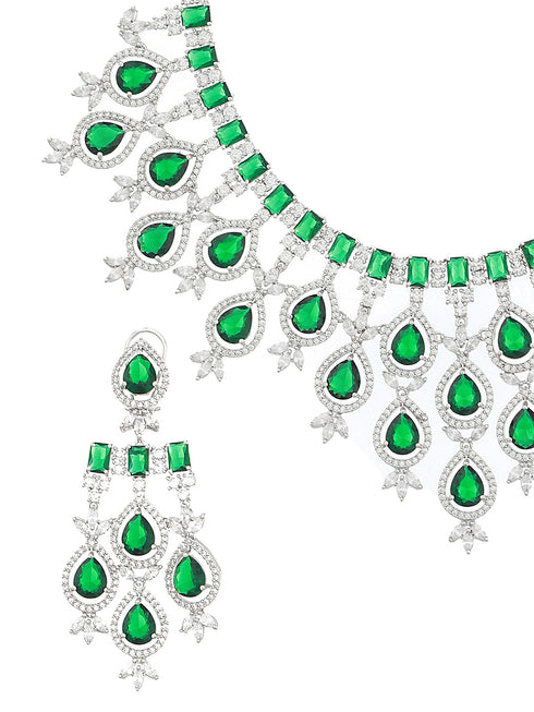 White Rhodium Silver Plated Green CZ Stone Studded jewellery Set