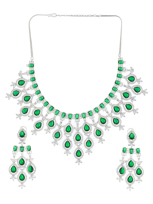 White Rhodium Silver Plated Green CZ Stone Studded jewellery Set