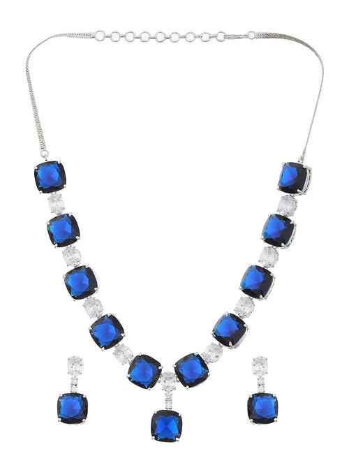 White Rhodium Blue CZ Studded Luxe Statement Jewellery Set