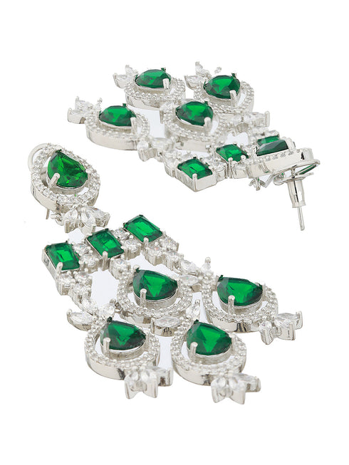 White Rhodium Silver Plated Green CZ Stone Studded jewellery Set