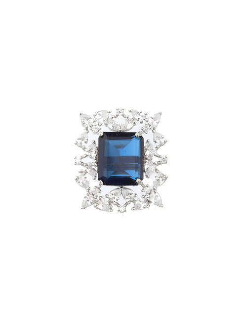 Silver Plated Blue CZ Studded Cocktail Designer Finger Ring
