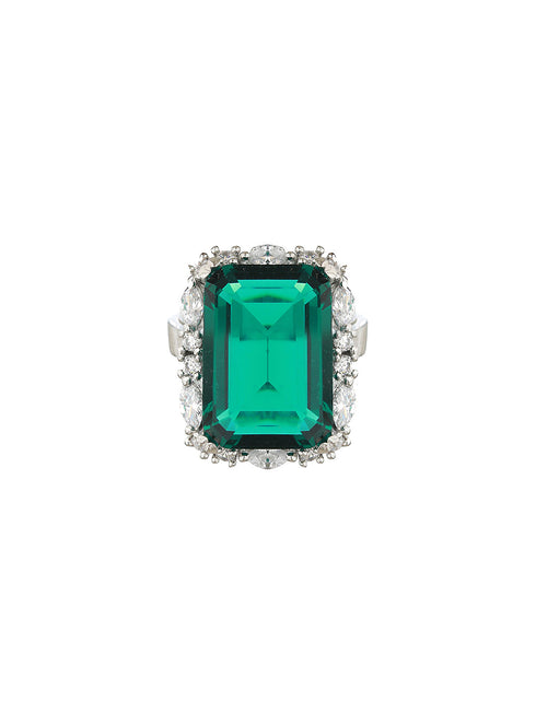 Silver Plated Green CZ Studded Cocktail Luxe Finger Ring