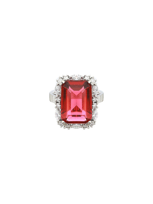 Silver Toned Red Ruby CZ Studded Cocktail Designer Finger Ring