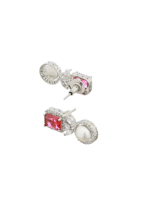 Silver Plated Red CZ Studded Pearl Beaded Minimal Locket jewellery Set