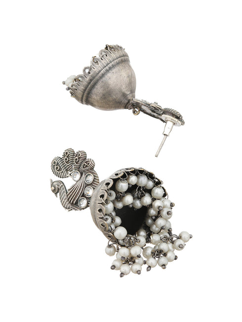Silver Oxidised Kundan Studded & Pearl Beaded Fusion Statement Jewellery Set