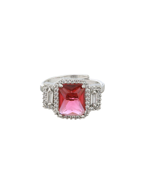 Silver Plated Red AD Studded Minimal Engagement Finger Ring