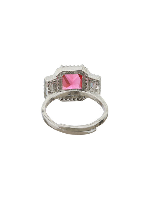 Silver Plated Red AD Studded Minimal Engagement Finger Ring