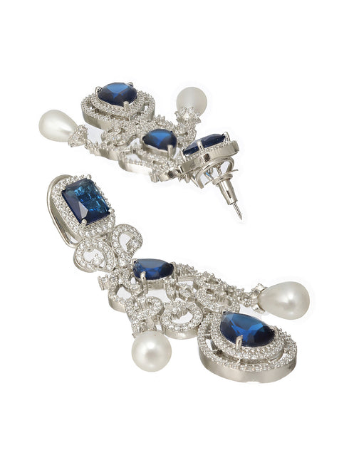 Silver Toned Blue CZ Studded Pearl Beaded Statement Chandelier Earrings