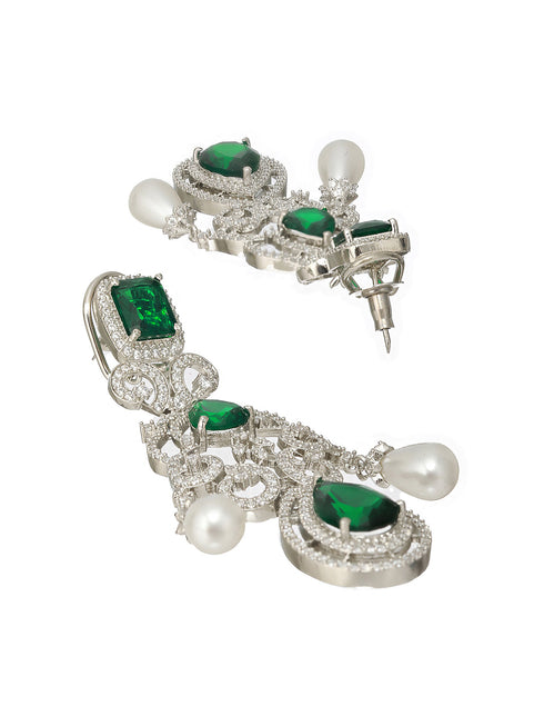 Silver Toned Green Zircon Pearl Beaded Statement Chandelier Earrings