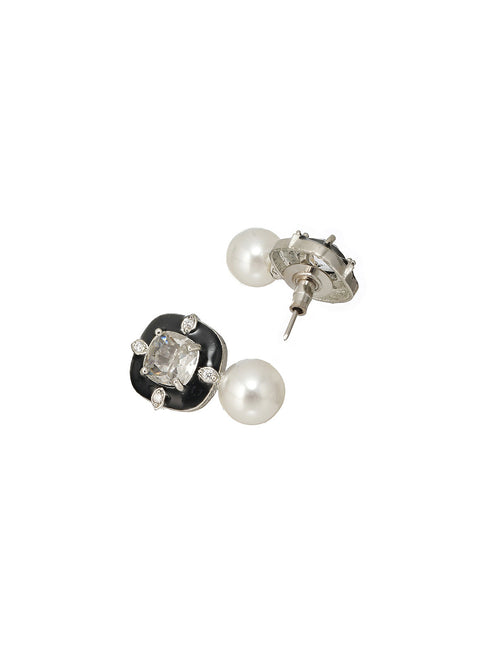 Silver Toned AD Blue Enamelled & Beaded Minimal Earring