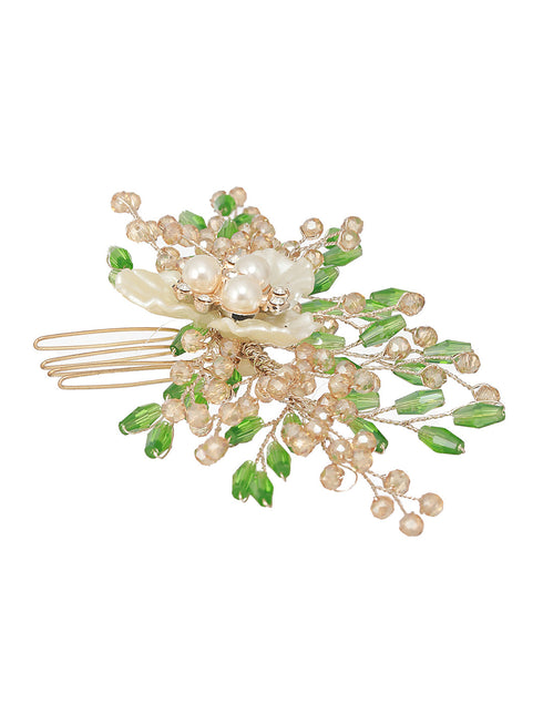 Gold Toned Mother Of Pearl Embellished Green Hair Comb Pin