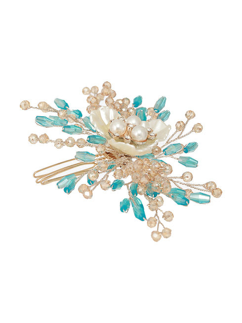 Gold Toned Mother Of Pearl Embellished Blue Hair Comb Pin