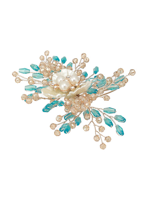 Gold Toned Mother Of Pearl Embellished Blue Hair Comb Pin