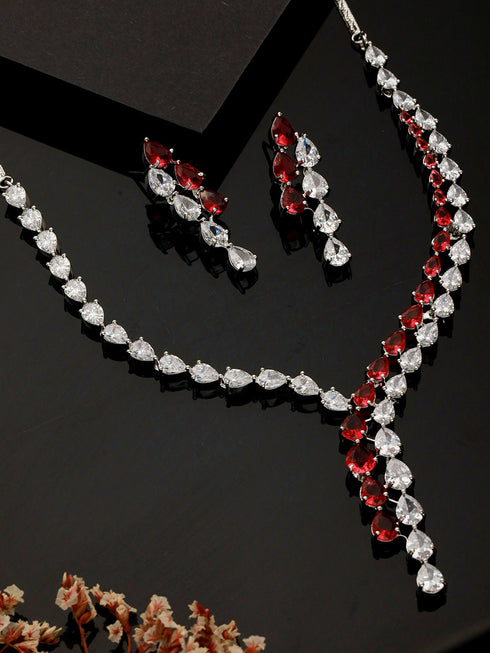 Silver Toned Red CZ Statement Designer Necklace Jewellery Set