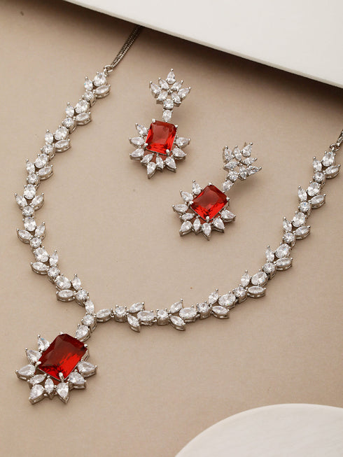 Silver Plated Red Ruby Zircon Floral Statement Necklace Jewellery Set