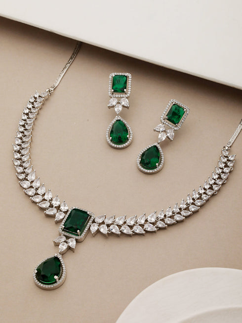 Silver Plated Green Zircon Minimal Necklace Jewellery Set