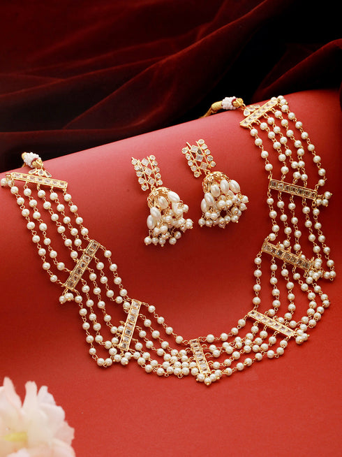 Gold Toned Pearl Beaded Minimal Choker Jewellery Set