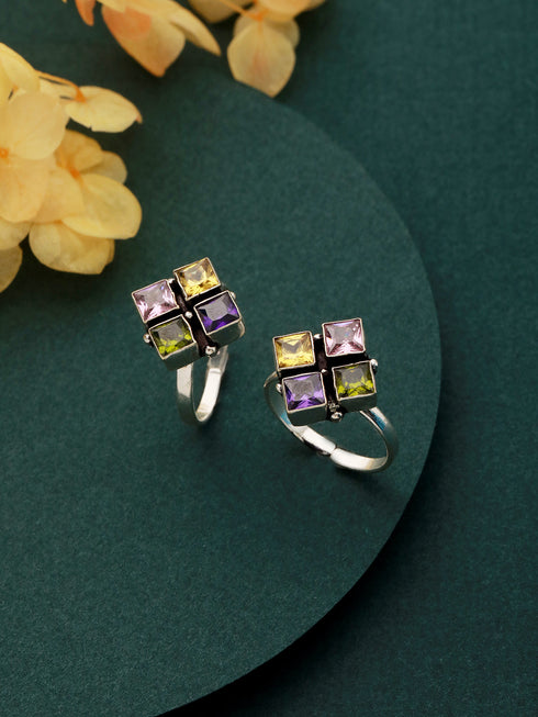 Silver Plated Multi Stone square Toe Ring