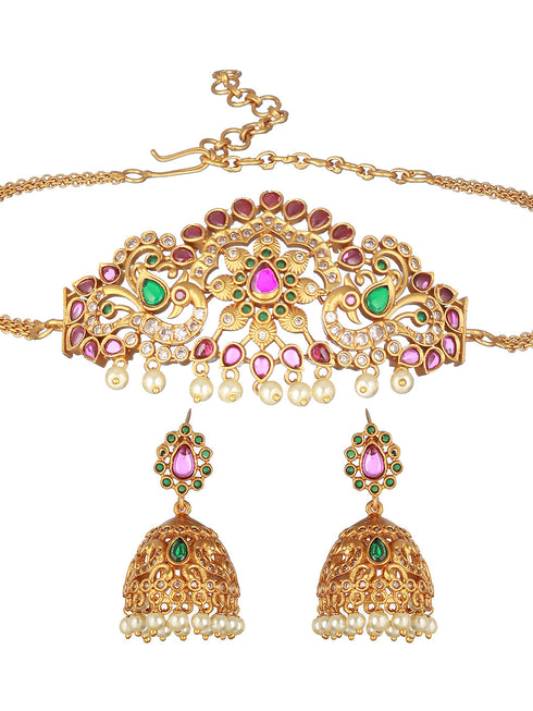 Gold plated Zircon Studded Peacock Motif Choker Jewellery Set