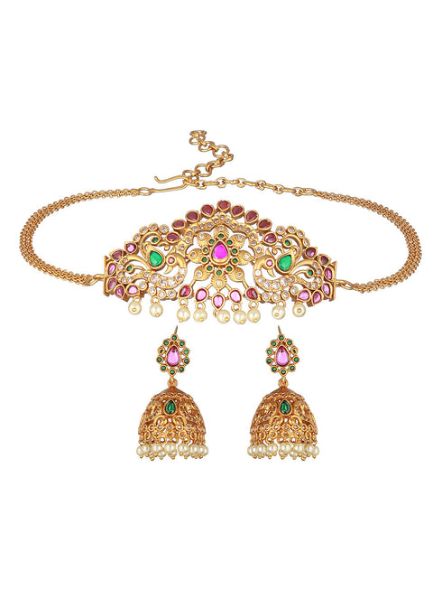 Gold plated Zircon Studded Peacock Motif Choker Jewellery Set