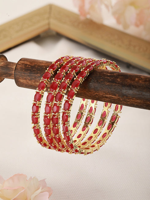 Set of 4 Gold Plated Red Ruby Stone Studded Bangles