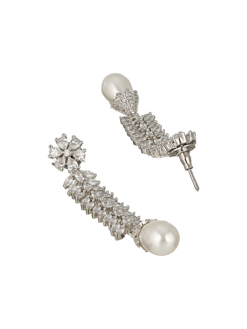 Silver Toned CZ Studded & Pearl Beaded Statement Necklace Jewellery Set