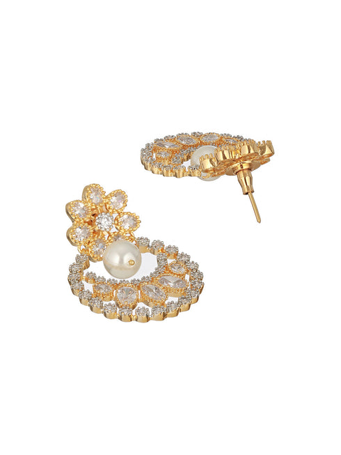 Gold Toned Zircon Studded Pearl Beaded Chandbali Drop Earrings