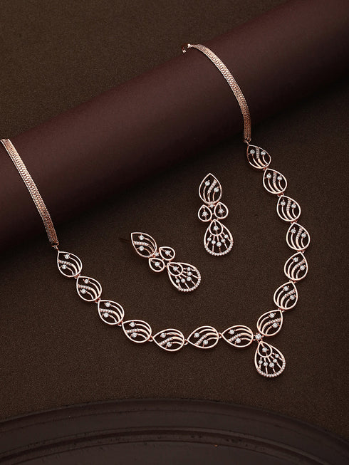 Rose Gold Toned Zircon Studded Minimal Necklace Jewellery Set