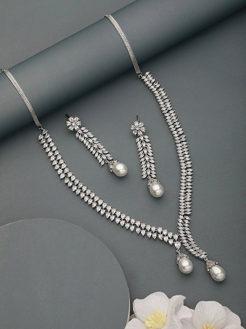 Silver Toned CZ Studded & Pearl Beaded Statement Necklace Jewellery Set