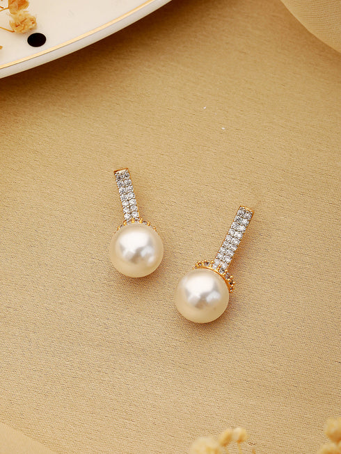Gold Toned Pearl Minimal Officewear Drop Earrings