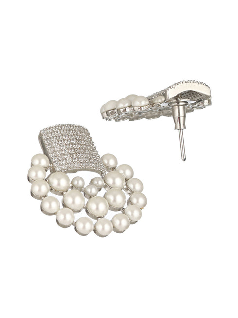 Silver Toned CZ & Pearl Beaded Designer studds Earrings