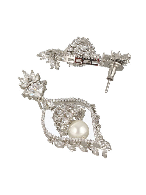 Silver Plated CZ Studded & Pearl Beaded Delicate Jhumka Chandelier Earrings