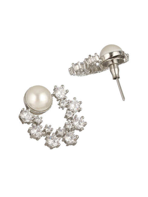 Silver toned Pearl & CZ Studded Minimal Hoop Studds Earring