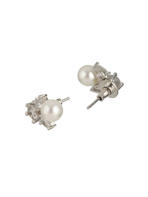 Silver Toned CZ & Pearl Studded Solitaire Minimal Studds earrings