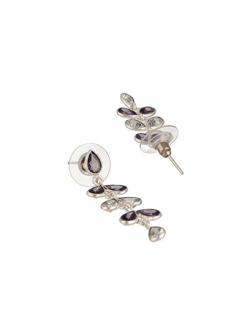 Silver Toned Amethyst Purple Minimal Necklace With Floral earrings Jewellery Set