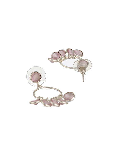 Silver Toned Pink AD Studded Minimal Necklace Chandbali Jewellery Set