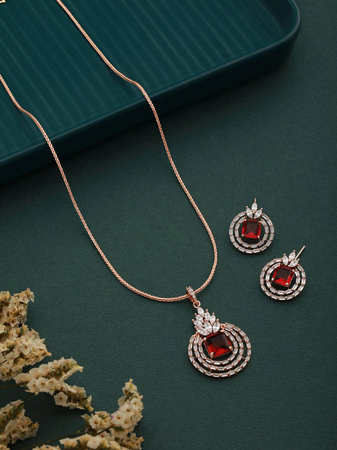 Rose Gold Plated Pink Ruby Studded Circle Pendant Locket Set Earrings and Chain