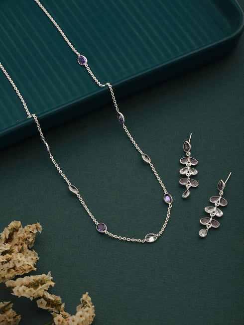 Silver Toned Amethyst Purple Minimal Necklace With Floral earrings Jewellery Set