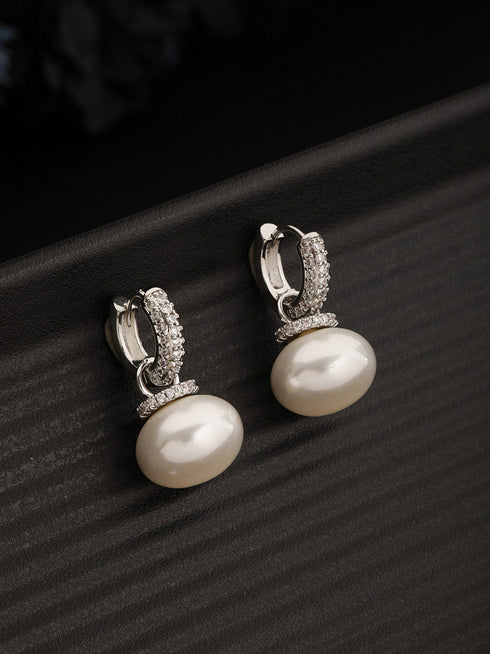 Silver Toned Pearl Drop Minimal Hoop Earrings