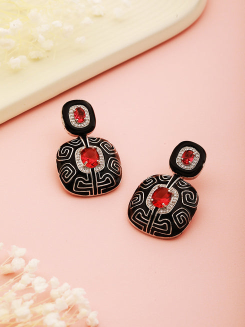 Black Enamelled Red AD studded Statement Drop Earrings