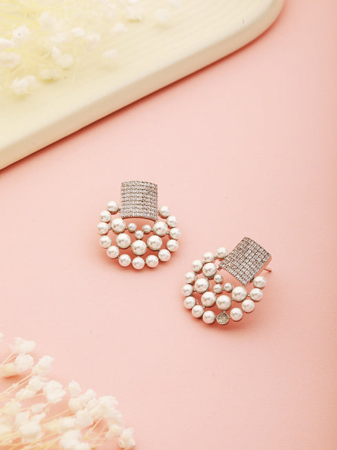 Silver Toned CZ & Pearl Beaded Designer studds Earrings