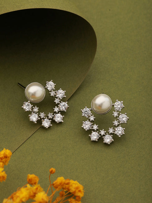 Silver toned Pearl & CZ Studded Minimal Hoop Studds Earring